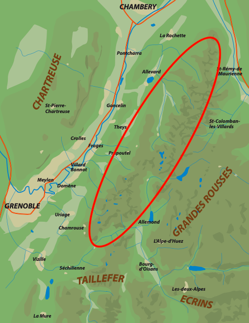 CHAMBERY La Rochette Pontcharra Allevard Maurienne St-Pierre- Goncelin Chartreuse St-Colomban- Theys les-Villards Crolles Froges Pripoutel Villard Bonnot Meylan Domène GRENOBLE Uriage Allemond Chamrouse L'Alpe-d'Huez Vizille Bourg Séchilienne d'Oisans TAILLEFER Les-deux-Alpes ECRINS La Mure