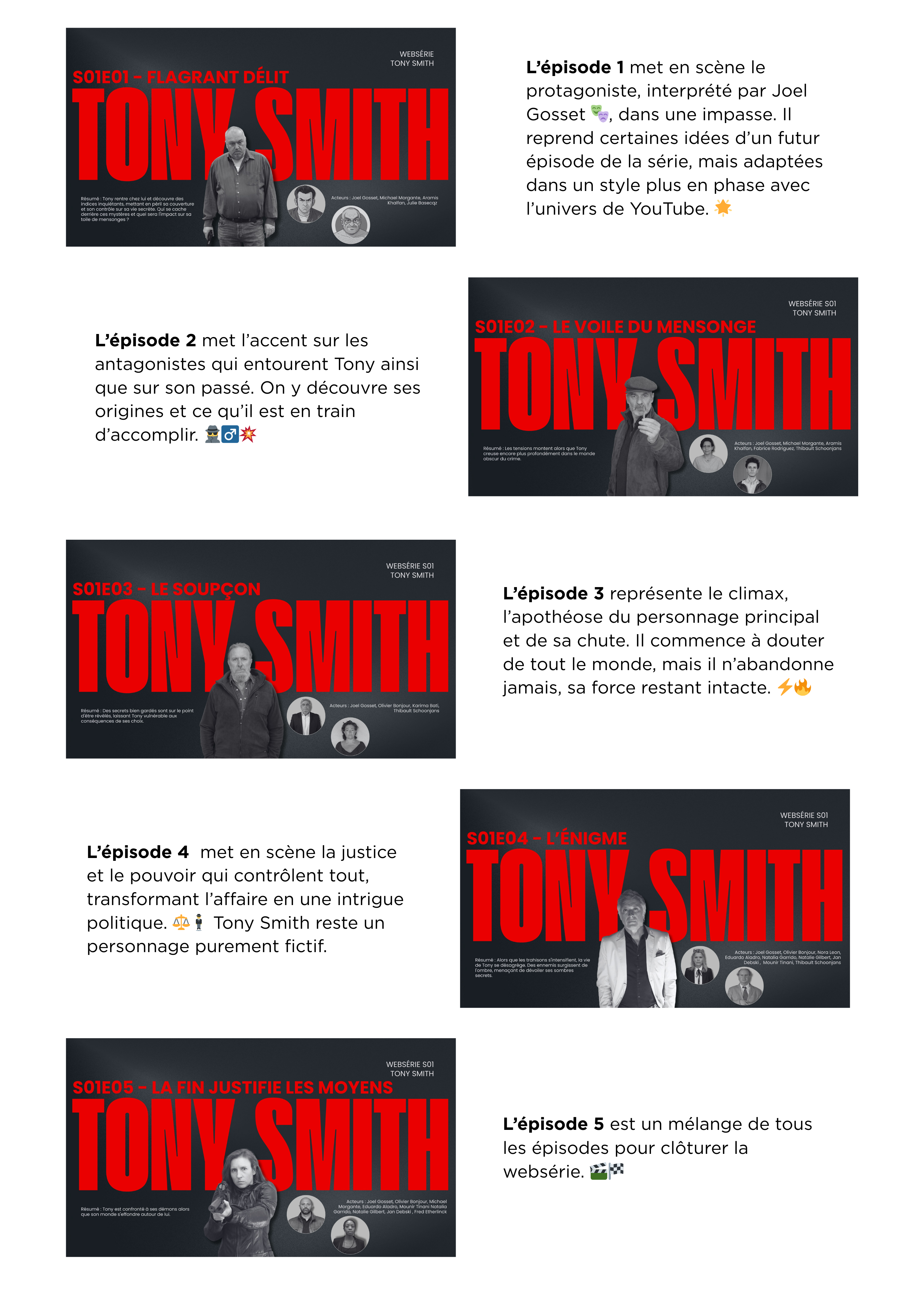WEBSÉRIE TONY SMITH S01E01 FLAGRANT DÉLIT L'épisode 1 met en scène le protagoniste, interprété par Joel TONY Gosset dans une impasse. Il reprend certaines idées d'un futur épisode de la série, mais adaptées dans un style plus en phase avec rentre chez découvre des Acteurs Joel Gosset, Michael Morgante, Aramis indices mettant péril couverture Khalfan, et son sur sa vie Qui l'univers de YouTube. sur sa toile mensonges WEBSÉRIE S01 TONY SMITH DU MENSONGE L'épisode 2 met l'accent sur les antagonistes qui entourent Tony ainsi que sur son passé. On y découvre ses origines et ce qu'il est en train TONY SMI d'accomplir. Acteurs Joel Michael Morgante, Aramis Les tensions montent alors que Tony Khalfan, Fabrice Schoonjans creuse encore profondément dans le monde obscur WEBSÉRIE S01 TONY SMITH LE SOUPÇON L'épisode 3 représente le climax, TONY l'apothéose du personnage principal et de sa chute. Il commence à douter de tout le monde, mais il n'abandonne jamais, sa force restant intacte. Acteurs Joel Gosset, Olivier Bonjour, Karima Bati, Des secrets bien gardés sont sur point Thibault Schoonjans laissant conséquences choix WEBSÉRIE TONY SMITH S01E04 L'ÉNIGME L'épisode 4 met en scène la justice et le pouvoir qui contrôlent tout, transformant l'affaire en une intrigue politique. Tony Smith reste un TONY personnage purement fictif. Acteurs Joel Gosset, Olivier Bonjour, Alors que les trahisons la Eduardo Jan de Tony Des sent de Mounir Schoonjans de ses sombres secrets WEBSÉRIE TONY SMITH JUSTIFIE LES MOYENS TONY L'épisode 5 est un mélange de tous les épisodes pour clôturer la websérie. Acteurs Joel Gosset Olivier Bonjour, Michael Tony est confronté démons alors Eduardo Aladro, Mounir que son monde autour Garrido Natalie Gilbert Jan Debski Fred Etherlinck