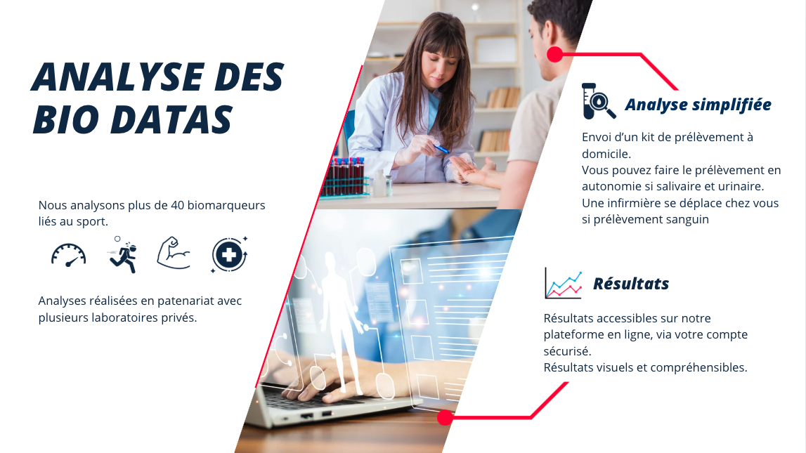 ANALYSE DES Analyse simplifiée BIO DATAS Envoi d'un kit de prélèvement à domicile. Vous pouvez faire le prélèvement en autonomie si salivaire et urinaire. Nous analysons plus de 40 biomarqueurs Une infirmière se déplace chez vous liés au sport. si prélèvement sanguin Résultats Analyses réalisées en patenariat avec plusieurs laboratoires privés. Résultats accessibles sur notre plateforme en ligne, via votre compte sécurisé. Résultats visuels et compréhensibles.