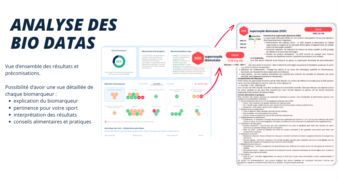 ANALYSE DES SOD Elevé superoxyde dismutase (SOD) Fonction dismutase (SOD) Min La superoxyde dismutase (500) est und enzyme de qui jour BIO DATAS 2000.00 libre La SOD catalyse la dismutation du radical 1500.00 1000.00 En les niveaux stress SOD Elevé La SOD superoxyde 68% dismutase Vue d'ensemble des résultats et 1102-1601 le stress Réduction de préconisations. pour Résultats Possibilité d'avoir une vue détaillée de accrue les chaque biomarqueur : explication du biomarqueur pertinence pour votre sport interprétation des résultats de conseils alimentaires et pratiques en Historique une globale on genou pour votre favoriser und