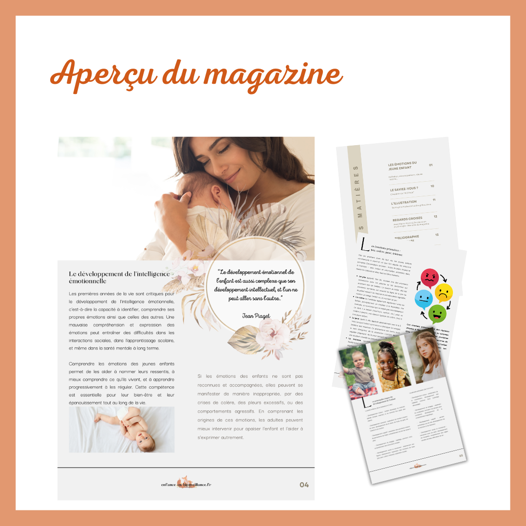 Aperçu du magazine LES EMOTIONS DU ENFANT E - L'ILLUSTRATION A 12 REGARDS CROISES S / Le développement de l'intelligence "Le émotionnel de émotionnelle est aussi complexe que developpement et lunne Les premières années de la vie sont critiques pour le développement de émotionnelle peut aller sans capacité identifier comprendre ses propres émotions ainsi que celles des autres Jean mouvaise et expression des émotions peut des difficultés dans les interactions et même dans santé mentale long terme Comprendre les émotions des jeunes permet de les older nommer leurs à mieux comprendre ce qu'ils et apprendre Si les émotions des enfants no sont pas progressivement à les Cette compétence reconnues se est essentielle pour leur et leur manifester de par des tout long de vie crises de des pleurs ou des comportements agressifs En comprenant les origines de ces les adultes peuvent mieux intervenir pour l'enfant et l'aider s'exprimer autrement 04