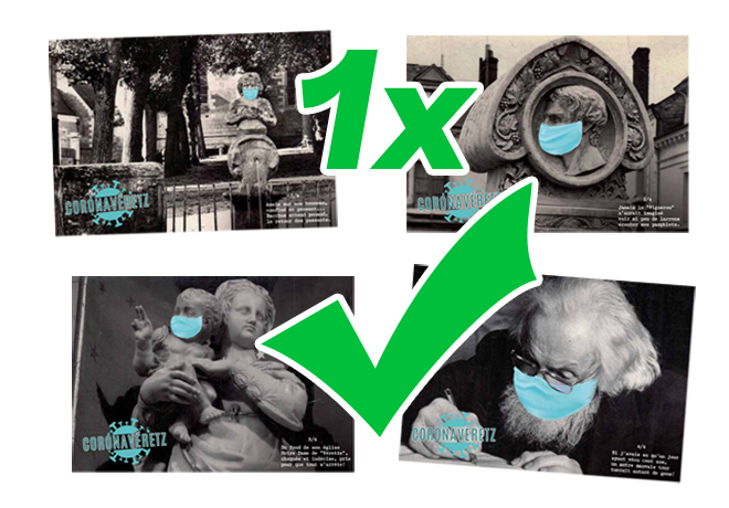 Une des 4 cartes postales à votre choix (1,5 € reversé)