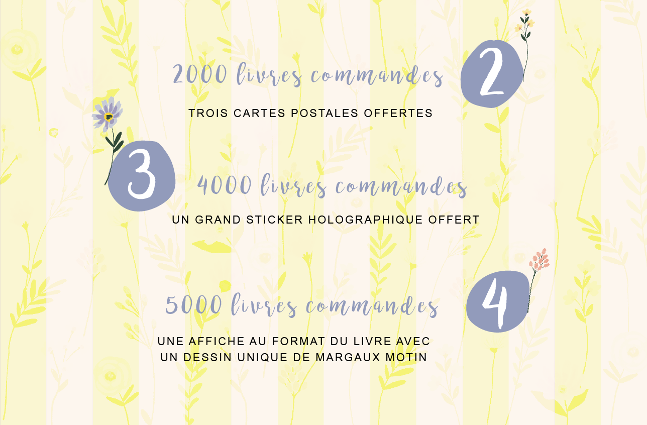 2000 livres commandes 2 TROIS CARTES POSTALES OFFERTES 3 4000 livres commandes UN GRAND STICKER HOLOGRAPHIQUE OFFERT 5000 livres commandes 4 UNE AFFICHE AU FORMAT DU LIVRE AVEC UN DESSIN UNIQUE DE MARGAUX MOTIN