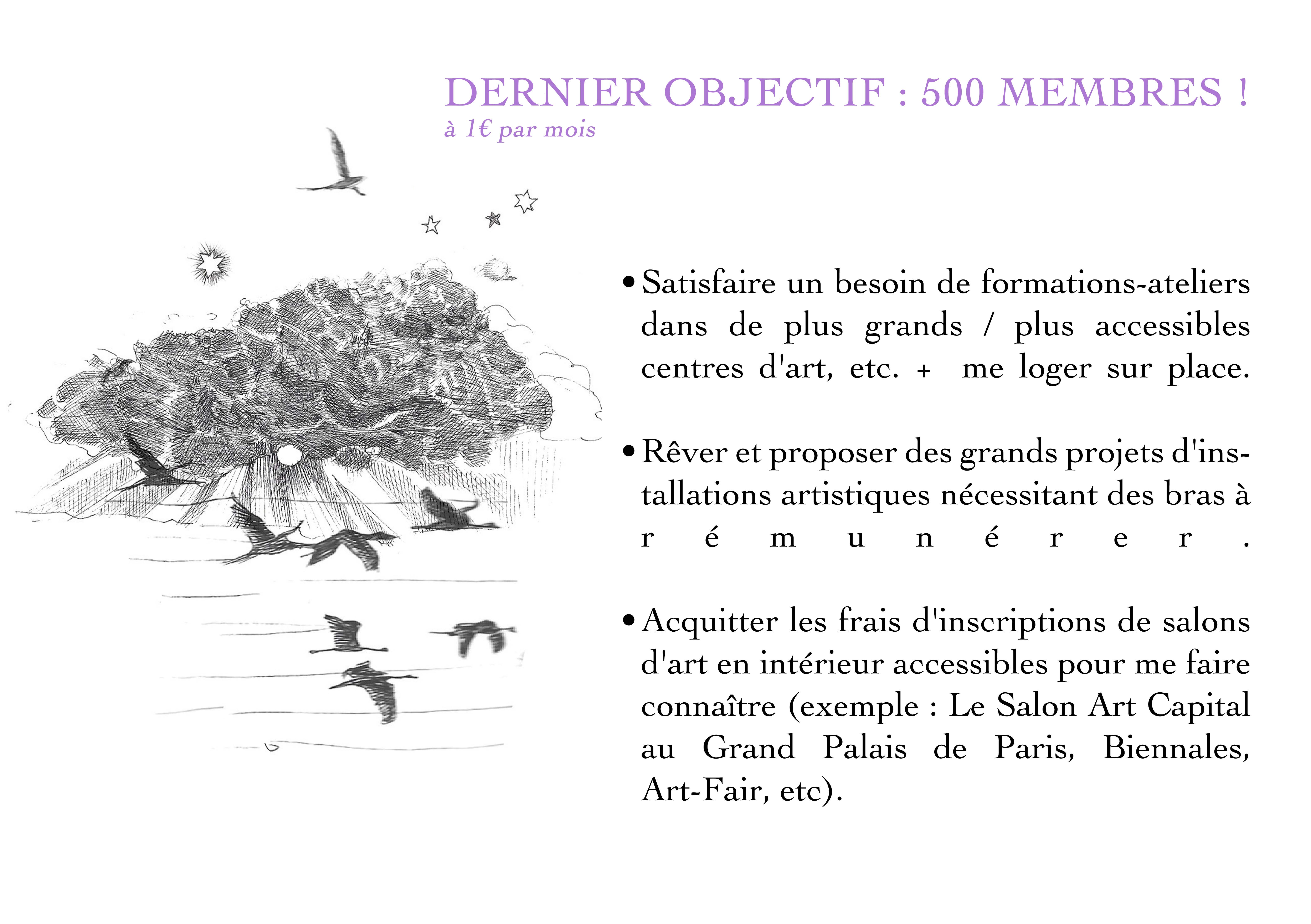 DERNIER OBJECTIF : 500 MEMBRES ! à 1€ par mois Satisfaire un besoin de formations-ateliers dans de plus grands / plus accessibles centres d'art, etc. + me loger sur place. Rêver et proposer des grands projets d'ins- tallations artistiques nécessitant des bras à rémunérer Acquitter les frais d'inscriptions de salons d'art en intérieur accessibles pour me faire connaître (exemple : Le Salon Art Capital au Grand Palais de Paris, Biennales, Art-Fair, etc).