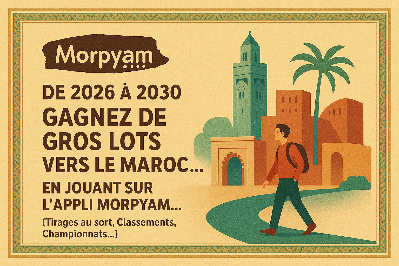 Morpyam DE 2026 À 2030 GAGNEZ DE GROS LOTS VERS LE MAROC EN JOUANT SUR L'APPLI MORPYAM (Tirages au sort, Classements, Championnats.. )