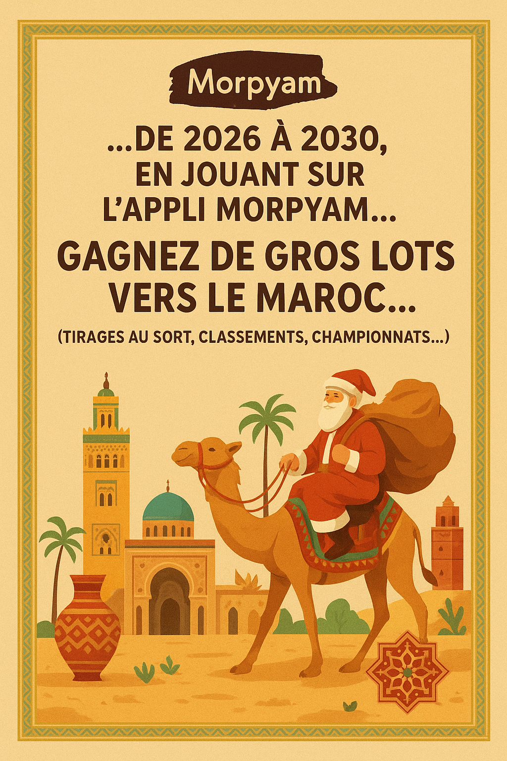 Morpyam DE 2026 À 2030, EN JOUANT SUR L'APPLI MORPYAM GAGNEZ DE GROS LOTS VERS LE MAROC (TIRAGES AU SORT, CLASSEMENTS, CHAMPIONNATS )