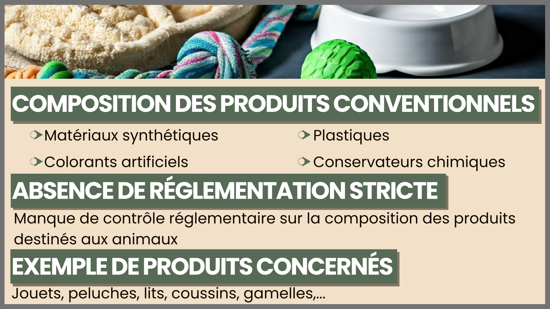 COMPOSITION DES PRODUITS CONVENTIONNELS Matériaux synthétiques Plastiques Colorants artificiels Conservateurs chimiques ABSENCE DE RÉGLEMENTATION STRICTE Manque de contrôle réglementaire sur la composition des produits destinés aux animaux EXEMPLE DE PRODUITS CONCERNÉS Jouets, peluches, lits, coussins,