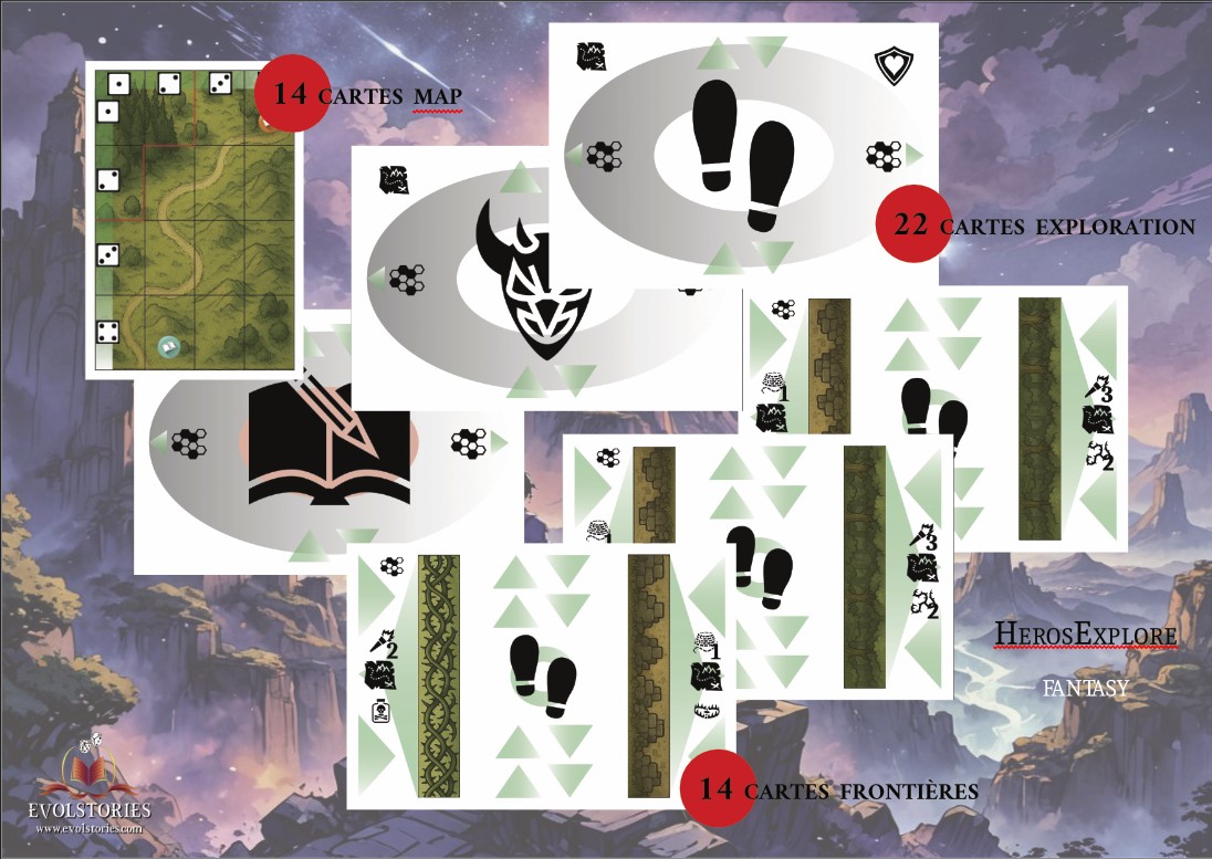 14 CARTES MAP 22 CARTES EXPLORATION 3 !! 3 HEROSEXPLORE 2 FANTASY 14 CARTES FRONTIÈRES EVOLSTORIES
