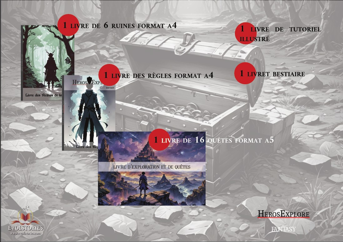 1 LIVRE DE 6 RUINES FORMAT A4 1 LIVRE DE TUTORIEL ILLUSTRE 1 LIVRE DES RÈGLES FORMAT A4 1 LIVRET BESTIAIRE HEROS EXPL Livre des Ruines de la 1 LIVRE DE 16 QUETES FORMAT A5 Livre des LIVRE D'EXPLORATION ET DE QUETES HEROSEXPLORE EVOLSTORIES FANTASY