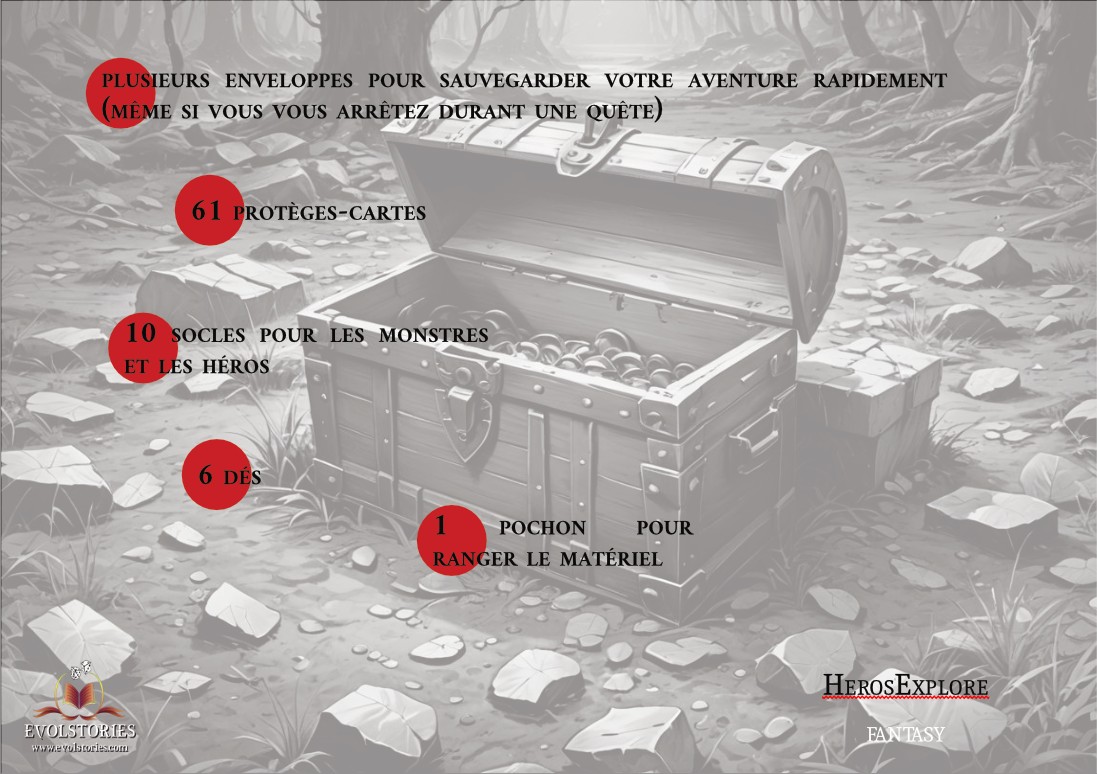 PLUSIEURS ENVELOPPES POUR SAUVEGARDER VOTRE AVENTURE RAPIDEMENT MEME SI VOUS VOUS ARRETEZ DURANT UNE QUÊTE) 61 10 SOCLES POUR LES MONSTRES ET LES HEROS 6 DES 1 POCHON POUR RANGER LE MATERIEL HEROSEXPLORE EVOLSTORIES FANTASY