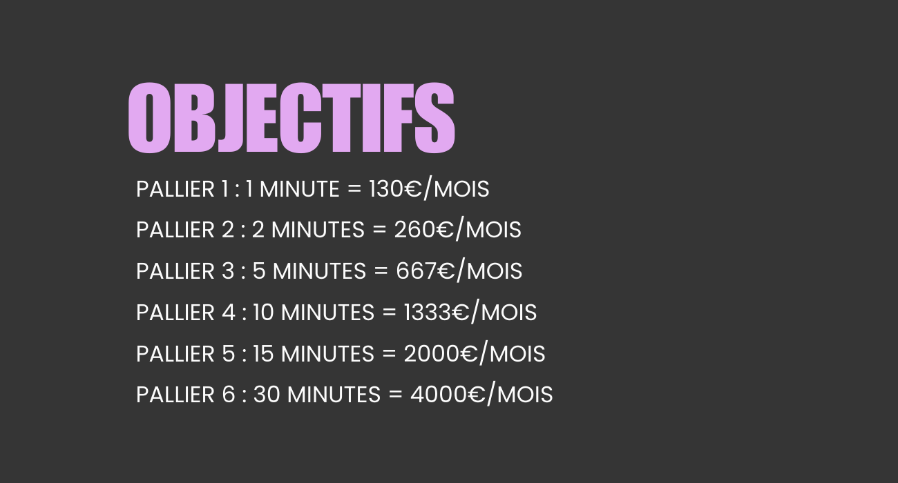 OBJECTIFS PALLIER 1:1 MINUTE = 130€/MOIS PALLIER 2:2 MINUTES = 260€/MOIS PALLIER 3:5 MINUTES = 667€/MOIS PALLIER MINUTES = 1333€/MOIS PALLIER MINUTES = 2000€/MOIS PALLIER 6 : 30 = 4000€/MOIS