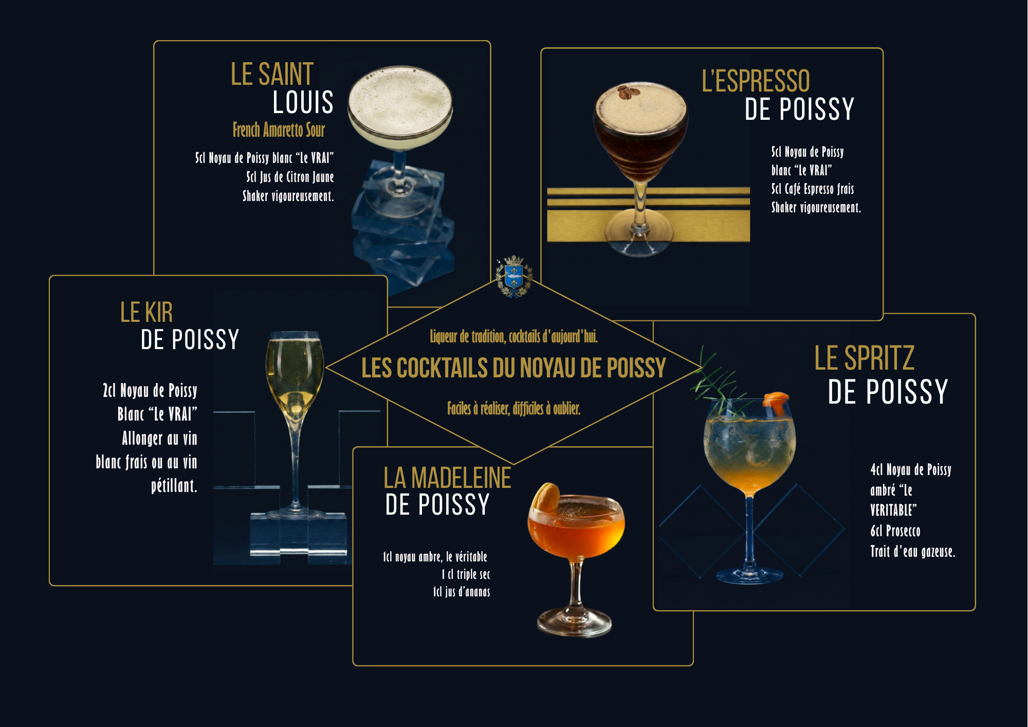 LE SAINT L'ESPRESSO LOUIS DE POISSY French Amaretto Sour 5cl Noyau de Poissy blanc "Le VRAI" Noyau de Poissy 5cl Jus de Citron Jaune blanc VRAI" Shaker vigoureusement. Café Espresso frais Shaker vigoureusement. LE KIR DE POISSY Liqueur de tradition, cocktails d'aujourd'hui. LES COCKTAILS DU NOYAU DE POISSY LE SPRITZ 2cl Noyau de Poissy DE POISSY Blanc VRAI" Faciles à réaliser, difficiles à oublier. Allonger au vin blanc frais ou au vin LA MADELEINE 4cl Noyau de Poissy pétillant. ambré "Le DE POISSY VERITABLE" 6cl Prosecco noyau ambre, le véritable Trait d'eau gazeuse. 1 d triple sec jus d'ananas