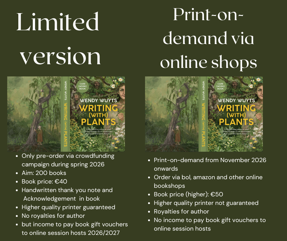 Limited Print-on- demand via version online shops CARE CARE (WORK) BOOK BOOK WENDY WUYTS WRITING (WITH) PLANTS WENDY WUYTS WRITING (WITH) PLANTS WENDY WUYTS WRITING (WITH) PLANTS WENDY WUYTS WRITING (WITH) PLANTS Only pre-order via crowdfunding Print-on-demand from November 2026 campaign during spring 2026 onwards Aim: 200 books Order via bol, amazon and other online Book price: €40 bookshops Handwritten thank you note and Book price (higher): €50 Acknowledgement in book Higher quality printer not guaranteed Higher quality printer guaranteed Royalties for author No royalties for author No income to pay book gift vouchers to but income to pay book gift vouchers online session hosts to online session hosts 2026/2027